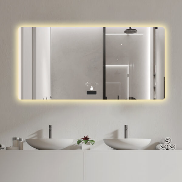 48x32in Frameless bathroom mirror with light, LED backlit mirror, tri-color dimming, anti-fog function, waterproof, smart sensor