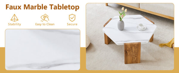 31-inch white marble-textured pentagonal coffee table - wooden triangular base, with a load-bearing capacity of 250 pounds, sturdy and durable, suitable for use in living rooms, cafes,.W1151138529