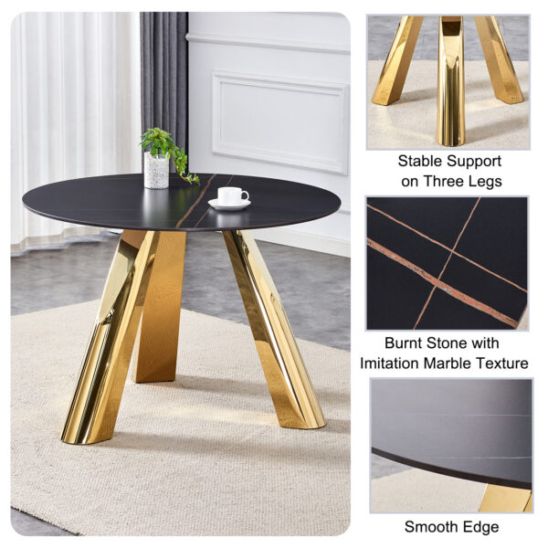 1f4717dd8f4d48dd9876ccd13aa7ba8d_c7d3b16f1fc7bc49860d6e84ce5aae95 The 42-inch stainless steel gold-plated flamed granite round table with seating for 4 or 6 people is perfect for dining, entertaining, or as a conference table
