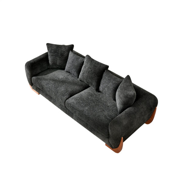 Modern Elegant Design 3 Seater Sofa with Wooden Legs, Comfortable Lambswool 5 Pillows for Living Room, Bedroom, Apartment, Black