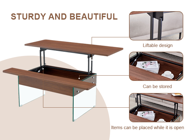 207d06e8056b4d08a374c906e714c71b_e157da3e19f31cec2a69c96214263988 Multifunctional Lift Top Coffee Table -Dark Wood Color Grain Sticker, Essential for Modern Homes.Tempered Glass Legs,Lift Top Feature.Perfectly Fitting Into Living Rooms And Office.