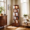 (UPGRADED) Rotating Bookshelf, 360 Display Corner Bookshelf for Small Space, 6 Tier Bookcase Storage Rack with Wheels, Wood Narrow Organizer for Bedroom, Living Room, Study Room, Walnut Brown, Shelves