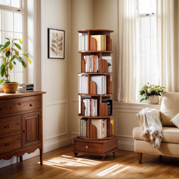20ccae2c896a40c58996e0148032474c_b85eb5c7555e799dbb7303f272660f3e (UPGRADED) Rotating Bookshelf, 360 Display Corner Bookshelf for Small Space, 6 Tier Bookcase Storage Rack with Wheels, Wood Narrow Organizer for Bedroom, Living Room, Study Room, Walnut Brown, Shelves
