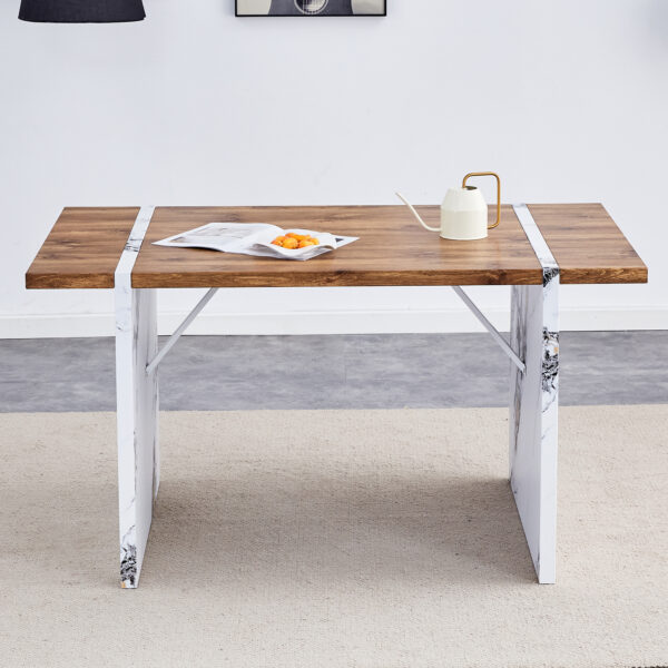 20e2ad3ac4d04e728a7eee940286c363_b551fc054d33dd505e54fcda1333419e Natural Wood Grain MDF Dining Table - 55"x31.5" Stable Design.Suitable For Various Modern Home Decor Styles.Splicing structure design,Wood Textured Desktop,White Marble Patterned Table Legs.