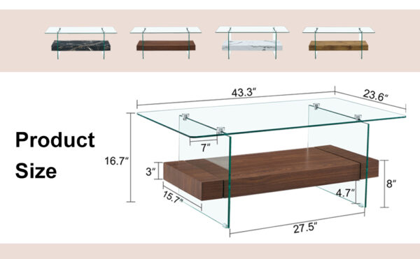 2107e6f51ef94edf83f9793f34259a0b_fdeb1446166716341ea4f7a9535129b2 43.3 Inch Modern Two-Tier Coffee Table - An Elegant Combination of Clear Glass and Dark Wood Texture Sticker.It can be used not only as a coffee table but also as a side table or display stand.