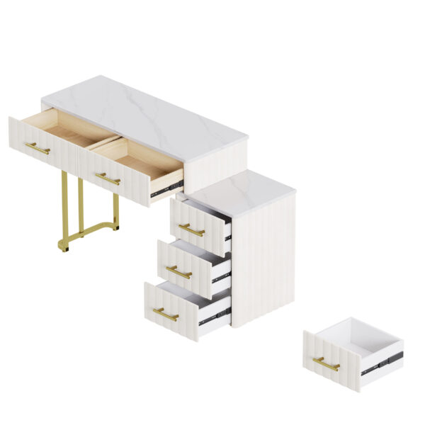 Velvet Upholstered Vanity Desk with Chair, Vanity Set with 5 Big Drawers, Makeup Table with Padded Chair, Marble-Look Sticker Top Dressing Table with Left/Right Adjustable Storage, Beige