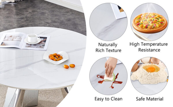 21be9e4cdb544d1aa4d08a6f2e5bdbce_c31125105ba1731123854668c2f9dbbb A 42-inch stainless steel leg round table with a marble top is suitable for use by four or six people