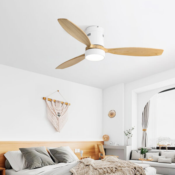 (Same as W882P244711) 52 Inch Flush Mount Ceiling Fan DC 3 Solid Wood Fan Blade Noiseless Reversible Motor Remote Control With Light