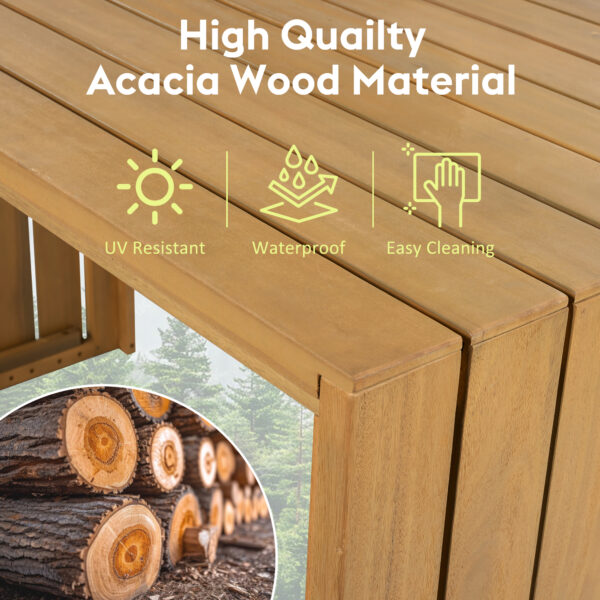5 Piece Outdoor Bar Set, Patio Acacia Wood Bar Height Table & Four Stools with Cushions, Wood Dining Bar Set for Backyard, Poolside, Balcony, Beige