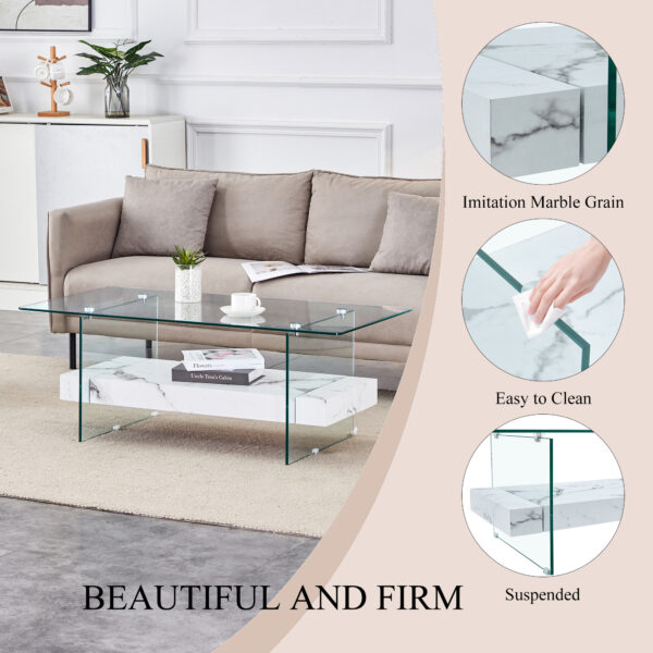 228bd7b4f2454605a4ef58dacf79d265_07b70e2d8cb98211fa93a0f99db004ec 43.3 Inch Modern Two-Tier Coffee Table - An Elegant Combination of Clear Glass and White Marble Pattern.It can be used not only as a coffee table but also as a side table or display stand.