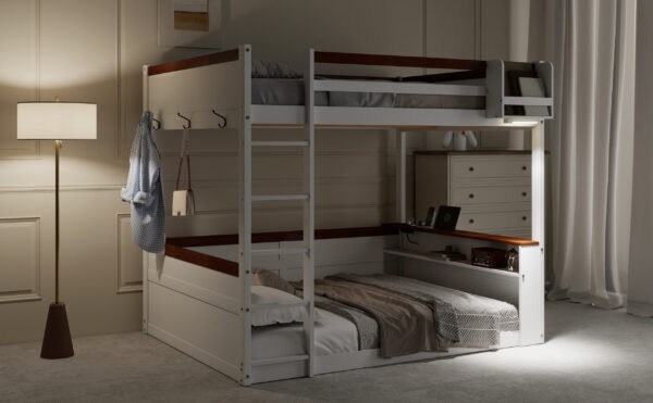 Queen Size Wooden Bunk Bed with Built-in Shelves,Storage Box,LED Light and USB Charging Station,White(ETA:6/30)