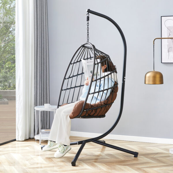 Indoor Outdoor Egg Swing Chair with Stand, Patio Grey Wicker Rattan Hanging Chair with Rope Back, Cushion,Cover,All Weather Foldable Hammock Chair for Bedroom, Porch, Garden