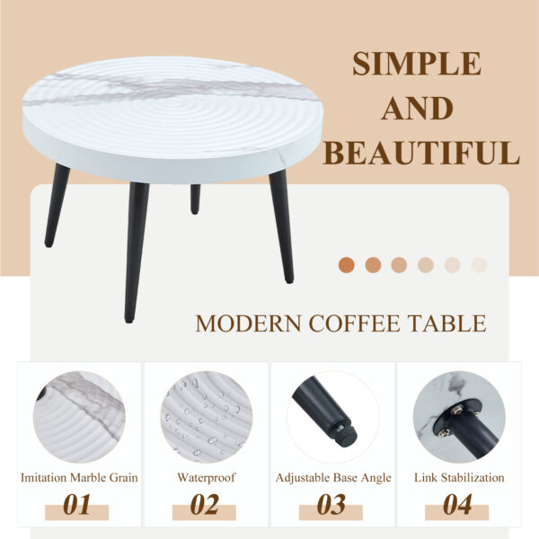 236442e05d094e97b7516f5d2f15c0a1_0e501042dbd10da3b5afe319a6ba6eba Elegant White Marble Pattern Round Coffee Table - Diameter 23.6 Inches, Exquisite Suction Molding Process,White Marble Pattern Design,Black Sprayed Metal Leg.