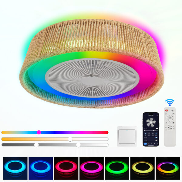 21" Modern Rustic Ceiling Fan Light with LED RGB Mood Lighting, Rope Woven Design, Quiet Fan, Semi Flush Mount for Bedroom, Living Room, or Dining Room ((Silent/6-Speed/Reversible/DC Motor))
