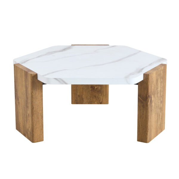 31-inch white marble-textured pentagonal coffee table - wooden triangular base, with a load-bearing capacity of 250 pounds, sturdy and durable, suitable for use in living rooms, cafes,.W1151138529