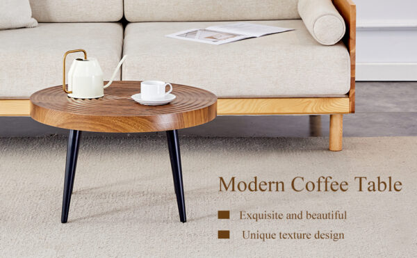253a7715b14049cc983dc40138b8cce7_2c641414b2d6eefef2cc50c8fdb52560 Natural Wood Grain Texture Round Coffee Table - Diameter 23.6 Inches.Exquisite Suction Molding Process,Natural Wood Grain Texture,Black Sprayed Metal Leg.