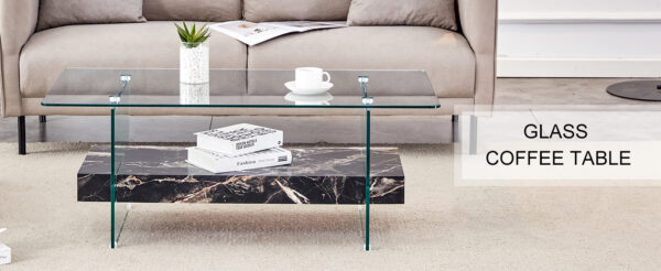 25550dcfdbe246d08991b8eb4696c284_da2add233180fe86cd44cbe513597c0f 43.3 Inch Modern Two-Tier Coffee Table - An Elegant Combination of Clear Glass and Black Marble Pattern.It can be used not only as a coffee table but also as a side table or display stand.