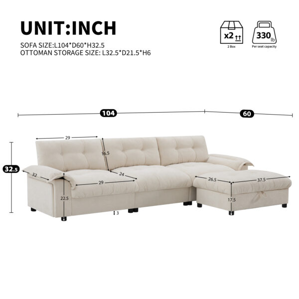 [VIDEO]104*60" Sectional Sofa, L-Shape with Multifunctional Armrest, Dual-Port Charging, Cup Holder, Side Storage Pockets, Movable Storage Ottoman, Unique Tufted Design, Soft Cushion, Chenille,3colors