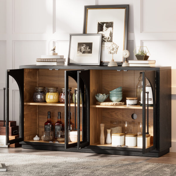 TREXM 4-Door Large Storage Sideboard Buffet Cabinet with Glass Doors, Arched Cabinet with Adjustable Shelves for Kitchen, Dining Room and Living Room (Black)