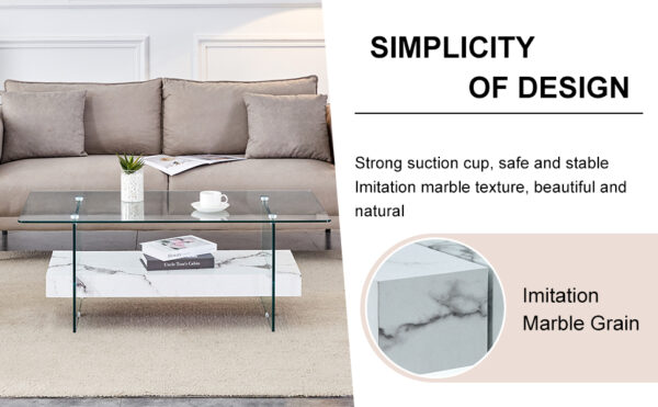 2624bdd210e14b7eadeeb30be414a9ae_1849670bb002eae85f2130b76862a9c5 43.3 Inch Modern Two-Tier Coffee Table - An Elegant Combination of Clear Glass and White Marble Pattern.It can be used not only as a coffee table but also as a side table or display stand.