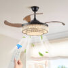 48" Contemporary Crystal LED Retractable Ceiling Fan with Light and Remote Control, 6-Speed Quiet Reversible DC Motor,4 Blades Modern Ceiling Fans for Kitchen Bedroom Dining Room Patio