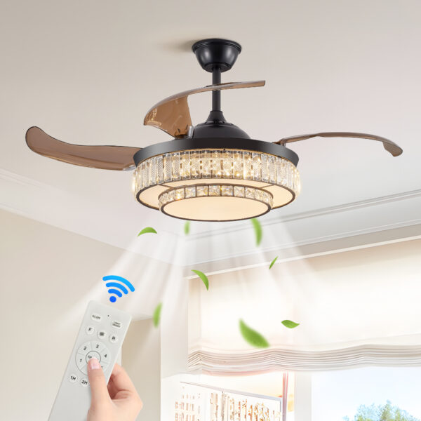 265088d5cdc641feb627ed10ba3c31d4_df59a4c41465fec9b9087eeb3fa2e483 48" Contemporary Crystal LED Retractable Ceiling Fan with Light and Remote Control, 6-Speed Quiet Reversible DC Motor,4 Blades Modern Ceiling Fans for Kitchen Bedroom Dining Room Patio