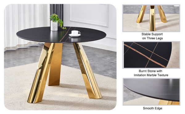 26a034d676164922baf6fa19844ec746_da65b308c7650ed14662ddf4720ecd37 The 42-inch stainless steel gold-plated flamed granite round table with seating for 4 or 6 people is perfect for dining, entertaining, or as a conference table