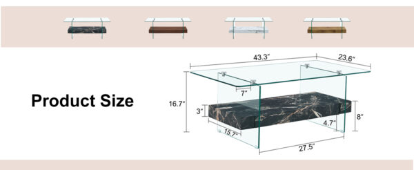 26e1424bc1ca47799202a7cb8a90e8db_111cd88d32099b638de3f0b1f092b07a 43.3 Inch Modern Two-Tier Coffee Table - An Elegant Combination of Clear Glass and Black Marble Pattern.It can be used not only as a coffee table but also as a side table or display stand.