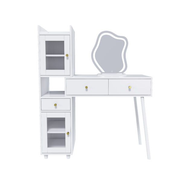 273c10157bc341eb890d00aa5b6cada8_c816dfd3fa43112ad9c5c9d0b7c361b7 Vanity Dressing Table with LED Mirror & Storage – White Makeup Desk Features 3 Drawers, 2 Open Shelves & 4 Hidden Cabinets (Transparent Doors) - 3 Adjustable Lighting Modes - Ideal for Bedroom or Livi