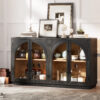 TREXM 4-Door Large Storage Sideboard Buffet Cabinet with Glass Doors, Arched Cabinet with Adjustable Shelves for Kitchen, Dining Room and Living Room (Black)
