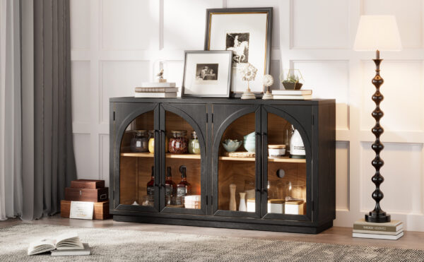 TREXM 4-Door Large Storage Sideboard Buffet Cabinet with Glass Doors, Arched Cabinet with Adjustable Shelves for Kitchen, Dining Room and Living Room (Black)