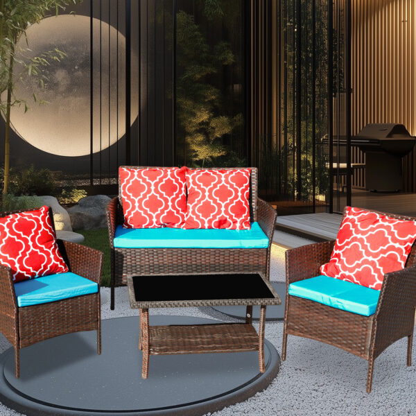 27a9f90045ce46678538602398672e67_91e7f3cd78cee9264ebb8f78e7aaeca7 Four-Piece Sofa Set Table With Sofa Chair PE Rattan Outdoor Furniture HY4-001 Box *1 With Sapphire Blue Color Cushion
