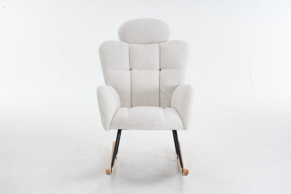055-Teddy Fabric Upholstered Nursery Rocking Glider Chair Modern Accent Armchair Padded Seat with High Backrest and Pillow for Living Room Bedroom (Ivory)