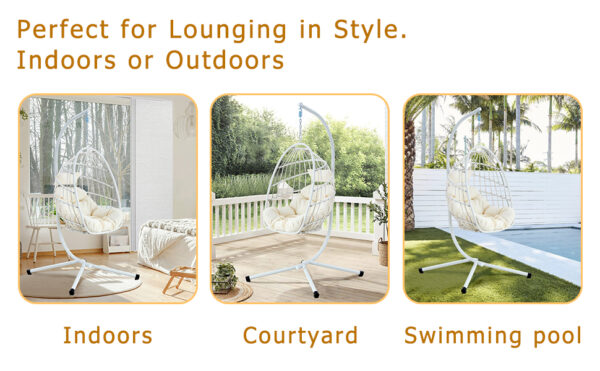 Heavy-Duty Iron Hanging Chair with Wicker Weave – Single Person Swing for Indoor/Outdoor (White)
