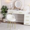 Velvet Upholstered Vanity Desk with Chair, Vanity Set with 5 Big Drawers, Makeup Table with Padded Chair, Marble-Look Sticker Top Dressing Table with Left/Right Adjustable Storage, Beige
