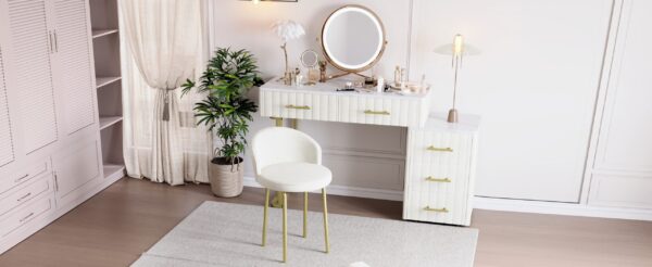 Velvet Upholstered Vanity Desk with Chair, Vanity Set with 5 Big Drawers, Makeup Table with Padded Chair, Marble-Look Sticker Top Dressing Table with Left/Right Adjustable Storage, Beige