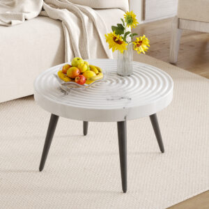 Elegant White Marble Pattern Round Coffee Table - Diameter 23.6 Inches, Exquisite Suction Molding Process,White Marble Pattern Design,Black Sprayed Metal Leg.