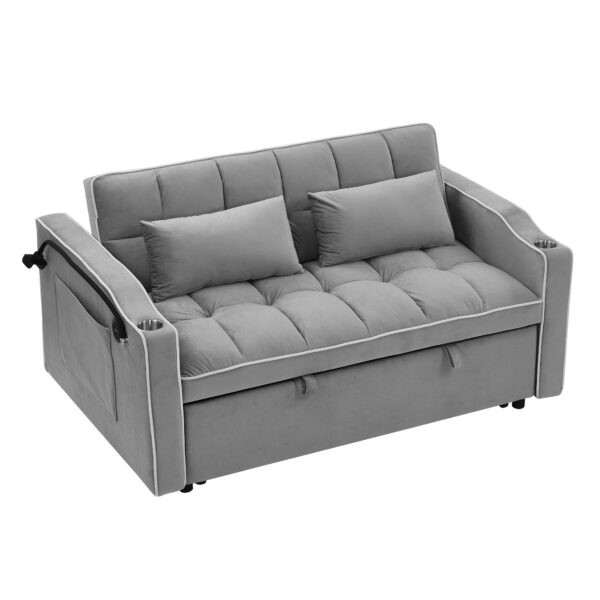 55.51 inch versatile foldable sofa bed in 3 lengths, modern sofa sofa sofa velvet pull-out bed, adjustable back and with USB port and ashtray and swivel phone stand (Grey)