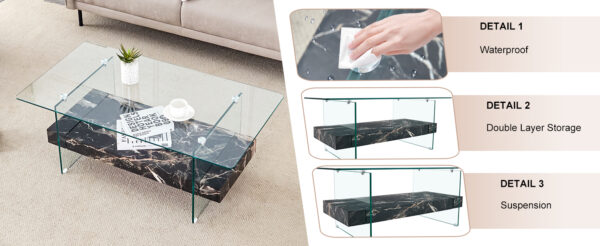 28e91a20c9e14c2ba10d8fcb3eef8942_73df860d8ff938597be7e5d8ca955acf 43.3 Inch Modern Two-Tier Coffee Table - An Elegant Combination of Clear Glass and Black Marble Pattern.It can be used not only as a coffee table but also as a side table or display stand.
