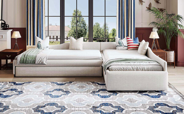 Upholstered Double Twin Size Daybed with Trundle and Drawer, Beige(Expected Arrival Time: 6.27)