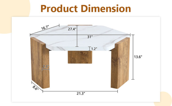 31-inch white marble-textured pentagonal coffee table - wooden triangular base, with a load-bearing capacity of 250 pounds, sturdy and durable, suitable for use in living rooms, cafes,.W1151138529