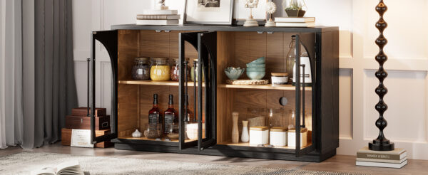 TREXM 4-Door Large Storage Sideboard Buffet Cabinet with Glass Doors, Arched Cabinet with Adjustable Shelves for Kitchen, Dining Room and Living Room (Black)