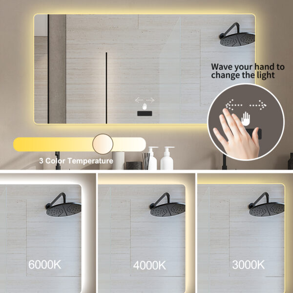 48x32in Frameless bathroom mirror with light, LED backlit mirror, tri-color dimming, anti-fog function, waterproof, smart sensor