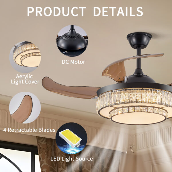 2ab333b8426946b797d037c519cd8500_3bdc165cc4d7f3e8febf1de1b196baa5 48" Contemporary Crystal LED Retractable Ceiling Fan with Light and Remote Control, 6-Speed Quiet Reversible DC Motor,4 Blades Modern Ceiling Fans for Kitchen Bedroom Dining Room Patio