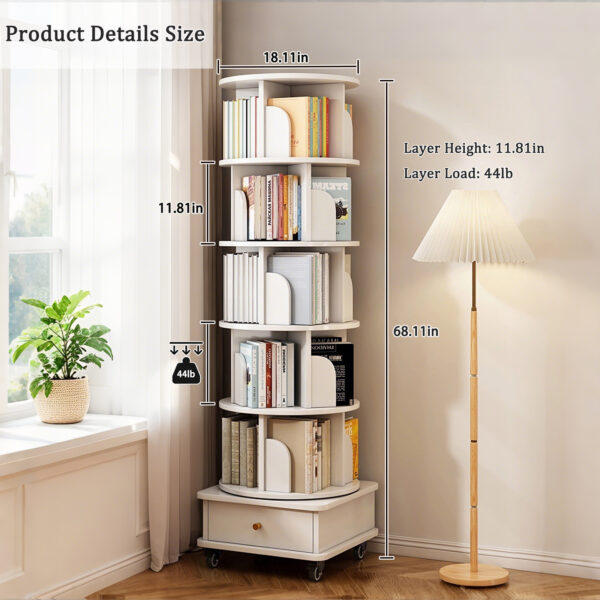 6 Tier Rotating Bookshelf, 360° Display Round Spinning Bookshelf with Wheels and Drawer, Space-Saving, Small Space Rotating Bookshelf Tower for Bedroom, Living Room, Home, Office, Warm White