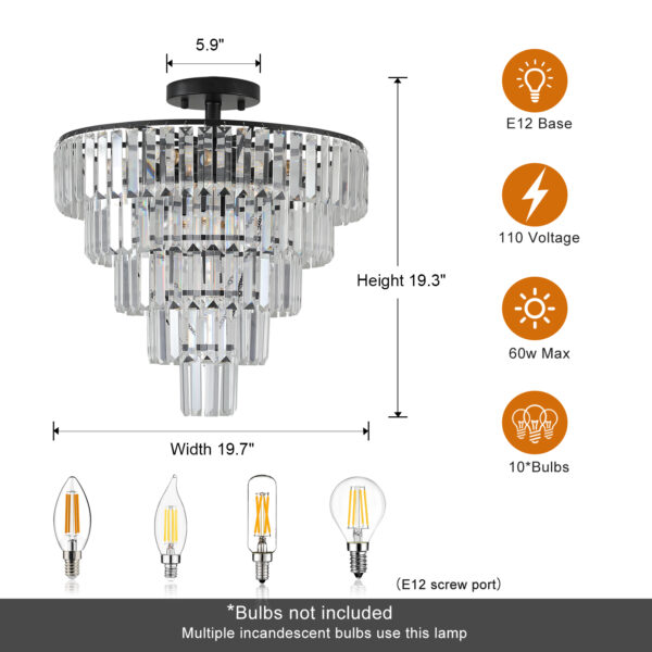(Same as W1340110374/L5011) 20" Black Crystal Chandelier Ceiling Light, Modern Luxury 10-Light Flush Mount Light Fixture, Elegant Home Lighting for Living Room, Dining Room, Bedroom (No Bulbs)