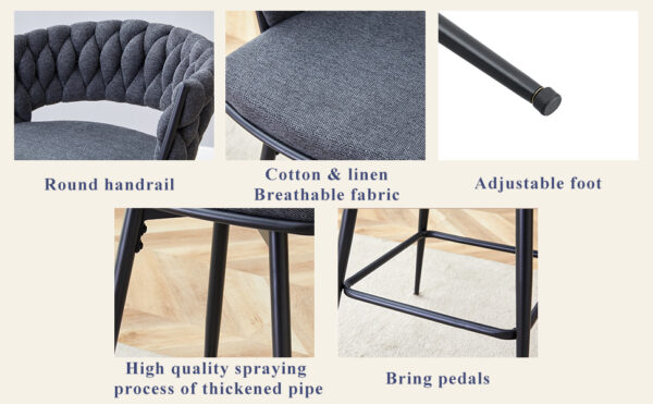 2b453b70062d4e6ba04a0daa32261dd4_6f0f27df2bb3db3bd6215787d46d56bd Two sets of rotating high-legged stools with breathable cotton and linen cushions, Dark gray seats paired with black spray-painted iron frames, suitable for both restaurants and bars