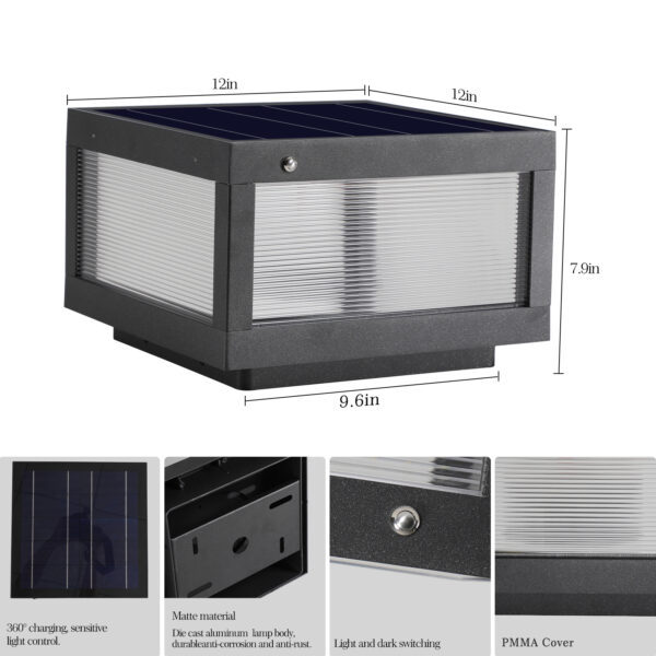12" Black Solar Powered LED Post Cap Light, Modern Outdoor LED Fence Light for Pathways, Decks, and Patios (1-Pack)