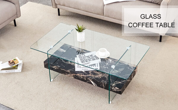 2b6eccb6e2df4fa18c227ba39430337b_e16341c7a99cacd3d6e468d161bd7bfd 43.3 Inch Modern Two-Tier Coffee Table - An Elegant Combination of Clear Glass and Black Marble Pattern.It can be used not only as a coffee table but also as a side table or display stand.