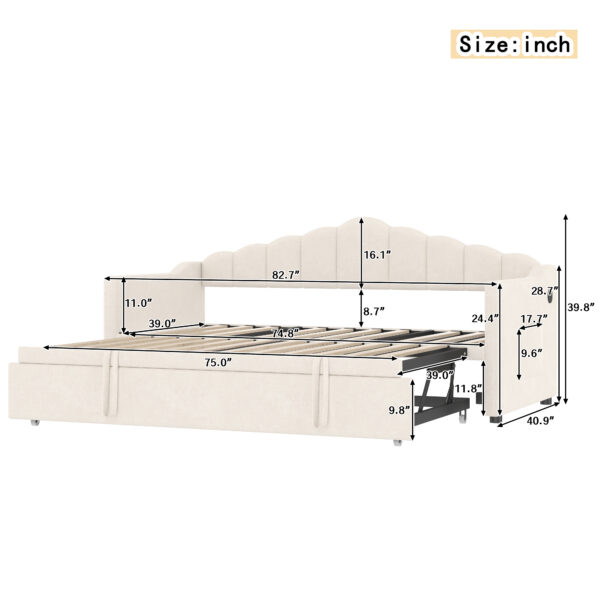 Upholstered Twin Size Daybed with Adjustable Height Pop Up Trundle Twin Bed and USB & Type-C Charging Port, Day Bed Frame with 2 Side Pockets, No Box-Spring Needed, Beige